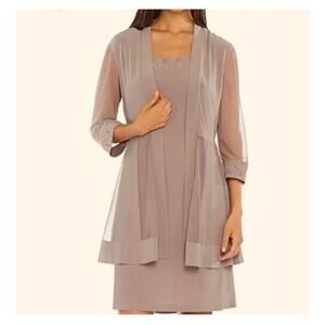 R&M Collection Women's Size 10 Formal Dress And Jacket Set Sequin Lace Tan Beige